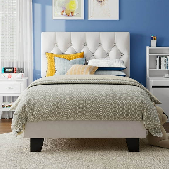 Virans Velvet Twin Size Platform Bed Frame with Tufted Button Headboard,Upholstered Bed with Wood Slat Support,No Box Spring,Noise Free,Easy Assembly, White