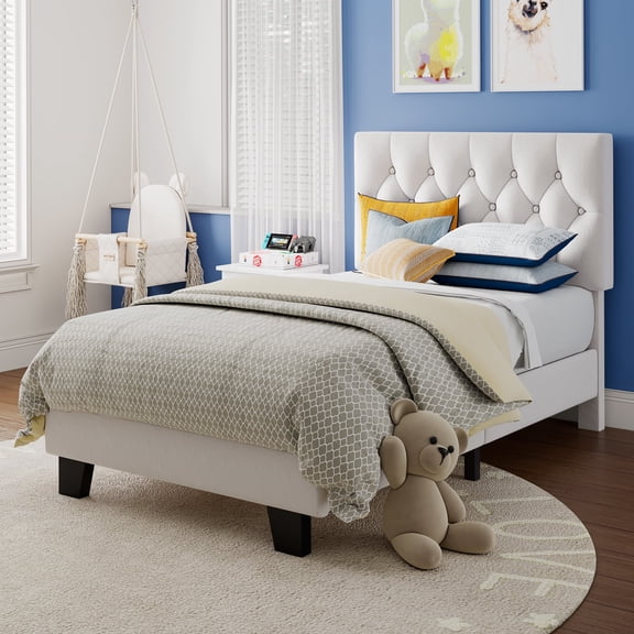 Virans Velvet Twin Size Platform Bed Frame with Tufted Button Headboard,Upholstered Bed with Wood Slat Support,No Box Spring,Noise Free,Easy Assembly, White
