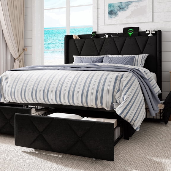 Einhomn Full Size Bed Frame with 4 Drawers, Upholstered Platform Bed with Storage Headboard and Charging Station, Black