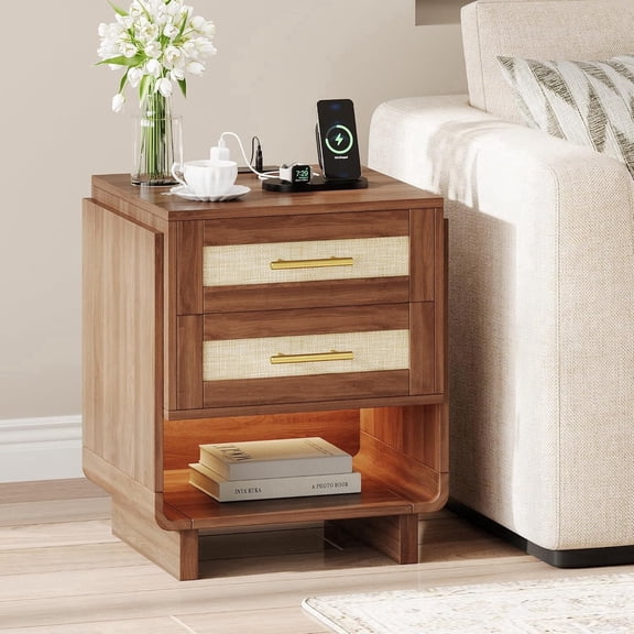 Einhomn 2-Drawer Rattan Nightstand, Bedside Table with Charging Station & LED Light, Walnut Oak