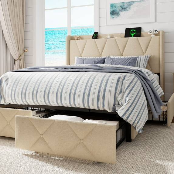 Einhomn Queen Size Bed Frame with 4 Storage Drawers,Upholstered Platform Bed Frame with Storage & Charging Headboard,No Box Spring Required,Easy Assembly,Beige