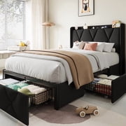 Einhomn Twin Size Bed Frame with 4 Storage Drawers, Modern Upholstered Platform Bed with Storage Headboard, Charging Station, Black