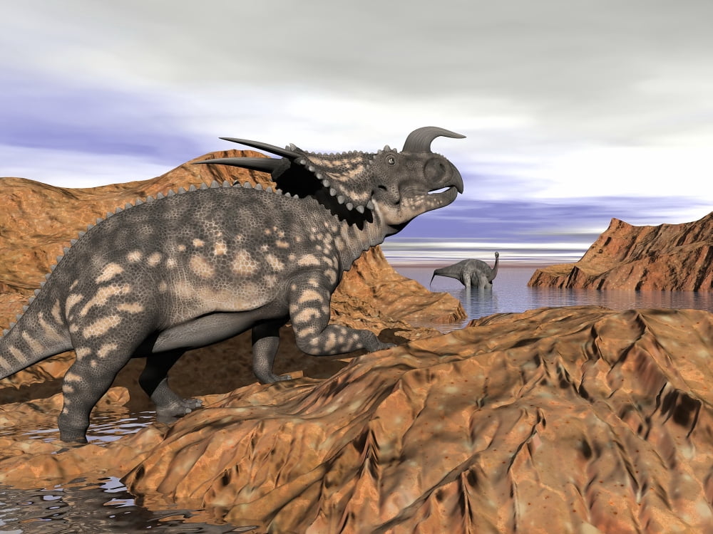 Einiosaurus dinosaur on a rock observing an Argentinosaurus Canvas Art - Elena DuvernayStocktrek Images (33 x 25)