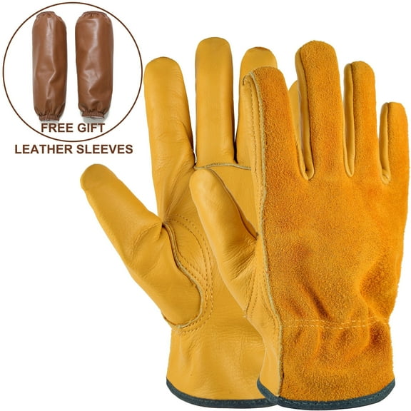 Gardening Gloves with Waterproof Sleeves, Cowhide Leather Work Gloves for Men Women, Gold L
