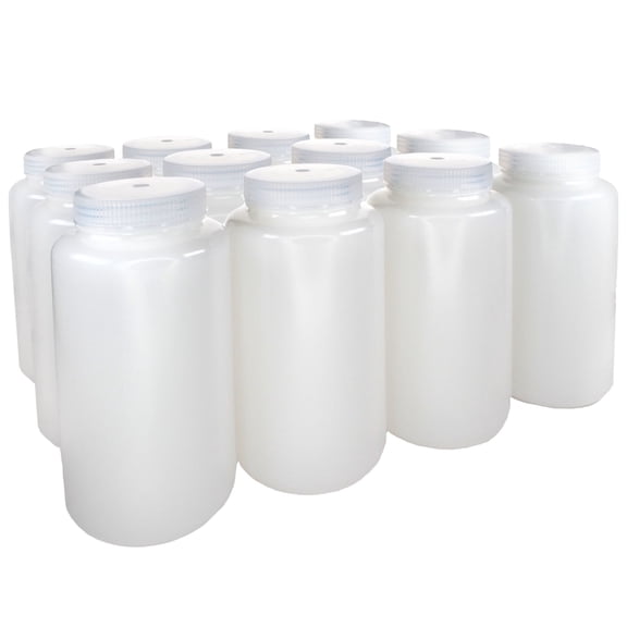 Eisco - 1L Wide Mouth HDPE Reagent Bottles with Polypropylene Caps, Non-Sterile, Pack of 12, Translucent Leakproof Laboratory Containers, -100 to 120C Temperature Range