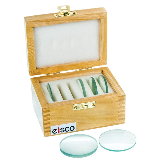 Eisco 6pc Glass Lens Set - 2" (50mm) Diameter - Double Convex, Double Concave, Plano Convex, Converging Concave-Convex, Diverging Concave-Convex, Plano-Concave