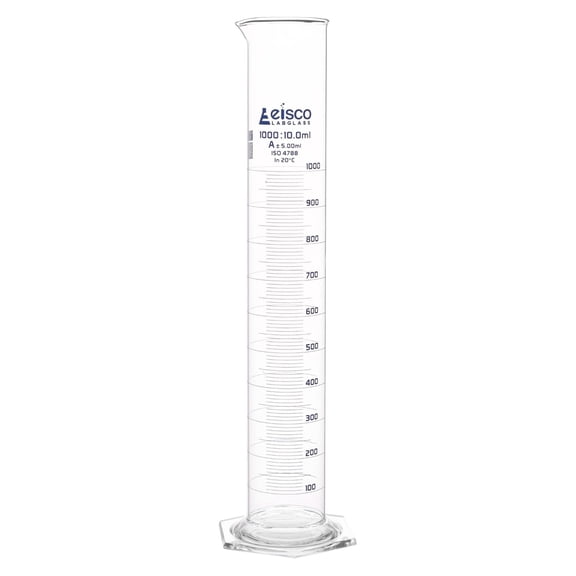 Eisco Labs - 1000mL Measuring Cylinder - Tolerance 5.00mL - Class A Graduated Cylinder - Calibrated TC - Hexagonal Base - Blue Graduations - Batch Work Certificate QR Code - Boro 3.3 Glass