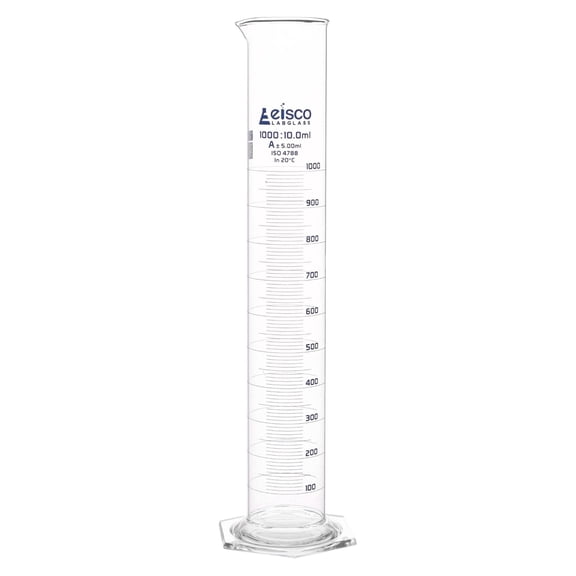 Eisco Labs - 1000mL Measuring Cylinder - Tolerance 5.00mL - Class A Graduated Cylinder - Calibrated TC - Hexagonal Base - Blue Graduations - Batch Work Certificate QR Code - Boro 3.3 Glass