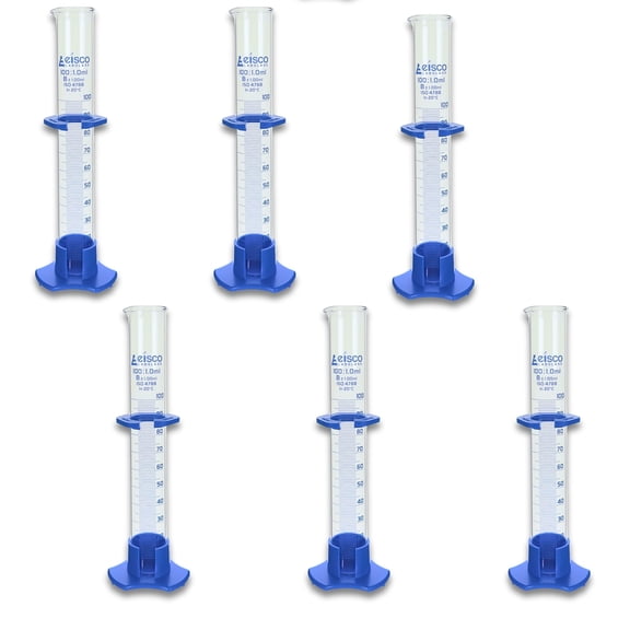Eisco Labs - 100mL Borosilicate Glass Graduated Cylinder with Spout, Detachable Hexagonal Base & Protection Collar Class B, 1mL Increments, Heat Resistant for Science Labs & Classrooms, 6 Pack
