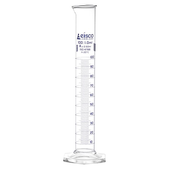Eisco Labs - 100mL Measuring Cylinder - Tolerance 0.50mL - Class A Graduated Cylinder - Calibrated TC - Hexagonal Base - Blue Graduations - Batch Work Certificate QR Code - Boro 3.3 Glass