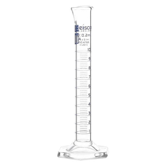 Eisco Labs - 10mL Measuring Cylinder - Tolerance 0.10mL - Class A Graduated Cylinder - Calibrated TC - Hexagonal Base - Blue Graduations - Batch Work Certificate QR Code - Boro 3.3 Glass