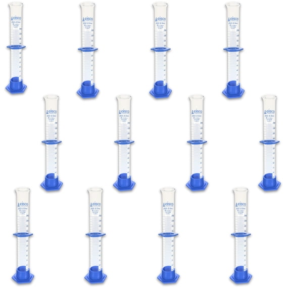 Eisco Labs - 250mL Borosilicate Glass Graduated Cylinder with Spout, Detachable Hexagonal Base & Protection Collar - Class B, Heat Resistant for Science Labs & Classrooms, 12 Pack