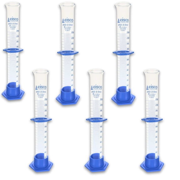 Eisco Labs - 250mL Borosilicate Glass Graduated Cylinder with Spout, Detachable Hexagonal Base & Protection Collar - Class B, Heat Resistant for Science Labs & Classrooms, 6 PACK