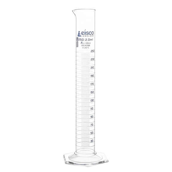 Eisco Labs - 250mL Measuring Cylinder - Tolerance 1.00mL - Class A Graduated Cylinder - Calibrated TC - Hexagonal Base - Blue Graduations - Batch Work Certificate QR Code - Boro 3.3 Glass