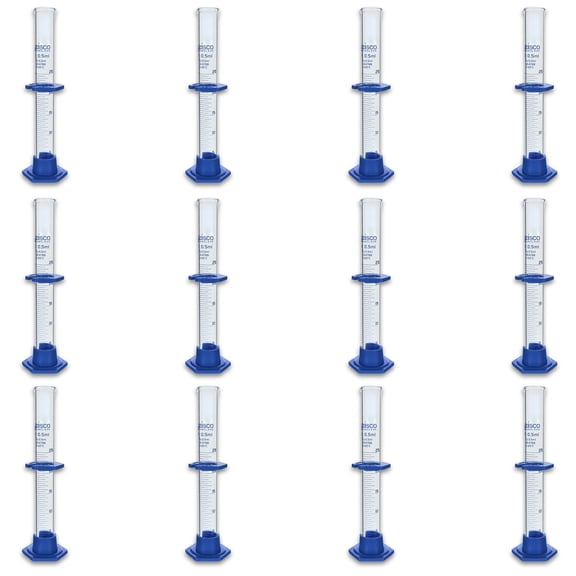Eisco Labs - 25mL Borosilicate Glass Measuring Cylinder with Spout, Detachable Hexagonal Base & Protection Collar Class B, 0.5mL Increments, Heat Resistant for Science Labs & Classrooms, 12 Pack