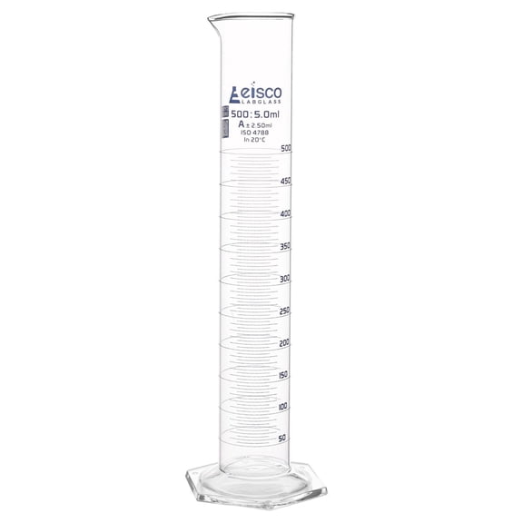 Eisco Labs - 500mL Measuring Cylinder - Tolerance 2.50mL - Class A Graduated Cylinder - Calibrated TC - Hexagonal Base - Blue Graduations - Batch Work Certificate QR Code - Boro 3.3 Glass