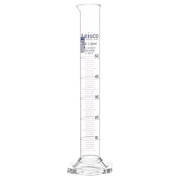 Eisco Labs - 50mL Measuring Cylinder - Tolerance 0.50mL - Class A Graduated Cylinder - Calibrated TC - Hexagonal Base - Blue Graduations - Batch Work Certificate QR Code - Boro 3.3 Glass