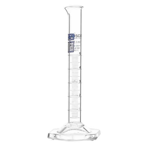 Eisco Labs - 5mL Measuring Cylinder - Tolerance 0.05mL - Class A Graduated Cylinder - Calibrated TC - Hexagonal Base - Blue Graduations - Batch Work Certificate QR Code - Boro 3.3 Glass