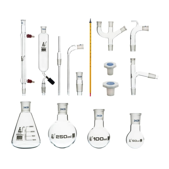 Eisco Labs Advanced Organic Chemistry Distillation Glassware Set, 17 Piece, 22 Interchangeable Fittings, Borosilicate Glass