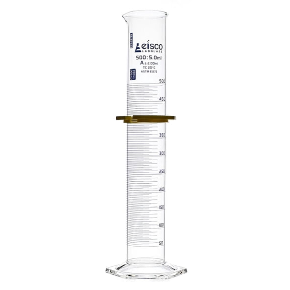 Eisco Labs - Graduated Cylinder, 500mL - ASTM, Class A - Tolerance 2.00mL - Protective Collar, Hexagonal Base - Blue Graduations - with Individual Work Certificate - Borosilicate 3.3 Glass