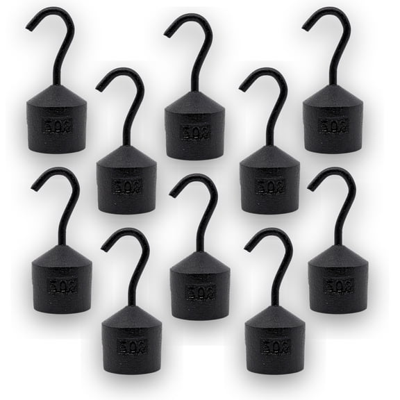 Eisco Labs - Hooked Weight 10-Pack, 50g Each - Iron Weight, Cylindrical with Hook and Bottom Slot for Physics Experiments and Scale Calibration