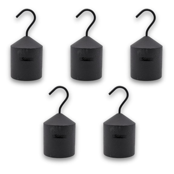 Eisco Labs - Hooked Weight 5-Pack, 500g Each - Iron, Cylindrical with Hook and Bottom Slot for Easy Lifting, Science Experiments, Physics, Scale Calibration, Measurement