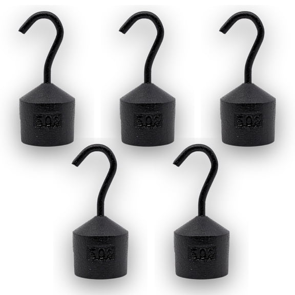 Eisco Labs - Hooked Weight 5-Pack, 50g Each - Iron Weight, Cylindrical with Hook and Bottom Slot for Physics Experiments and Scale Calibration