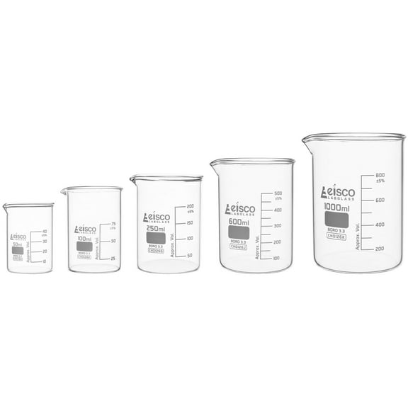 Eisco Labs - Premium Borosilicate Glass Beaker Set - 50mL, 100mL, 250mL, 600mL, 1000mL - Low Form, White Graduations, Durable, Heat & Chemical Resistant Glassware for Measuring, Mixing, Experiments