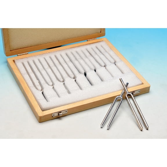 Eisco Labs Scientific Steel Tuning Forks, Set of 8 (Scientific Pitch, C4 = 256Hz) with Wooden Case - Designed for Physics Experiments