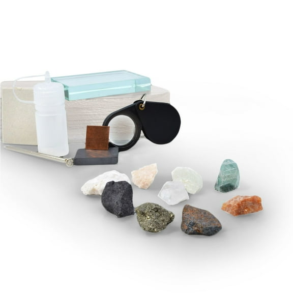 Eisco - Mineral Test Kit with 9 Raw Mineral Samples and Testing Tools - Includes Streak Plate, Magnet, Hand Lens, and More - Classroom and Field Geology Identification Kit