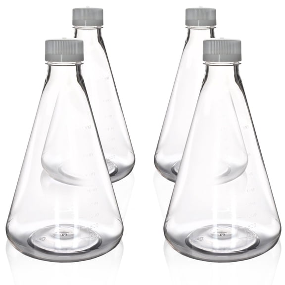 Eisco - Pack of 4, 2L Sterile PETG Erlenmeyer Flasks, Non-Vented, Flat Bottom, Lab-Grade, Gamma Sterilized, USP Class VI, Ideal for Cell Culture, Biopharmaceutical Processing, Chemical Storage