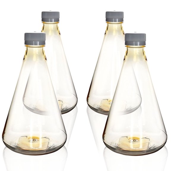 Eisco - Pack of 4, 2L Sterile Polycarbonate Erlenmeyer Flasks, Non-Vented, Flat Bottom, Gamma Sterilized, USP Class VI, Lab-Grade, Chemical Storage, Cell Culture, Mixing
