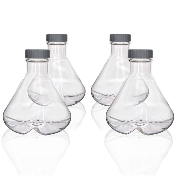 Eisco - Pack of 4, 3L Sterile PETG Erlenmeyer Flasks, Non-Vented, Baffled Bottom, Gamma Sterilized, USP Class VI, Lab-Grade, Chemical Storage, Cell Culture, Mixing