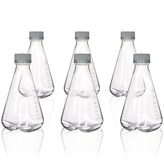 Eisco - Pack of 6, 1L Sterile PETG Erlenmeyer Flasks, Non-Vented, Baffled Bottom, Gamma Sterilized, USP Class VI, Lab-Grade, Chemical Storage, Cell Culture, Mixing