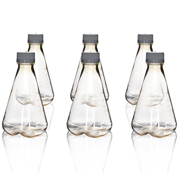 Eisco - Pack of 6, 1L Sterile Polycarbonate Erlenmeyer Flasks, Non-Vented, Baffled Bottom, Gamma Sterilized, USP Class VI, Lab-Grade, Mixing, Cell Culture, Shaker Compatible
