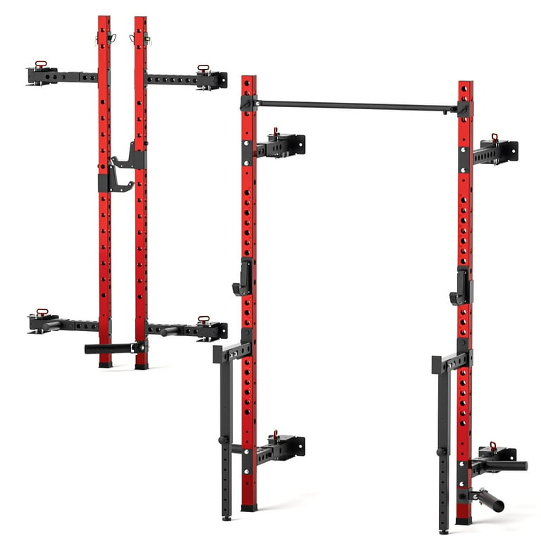 Eisenlink Foldable Power Cage, 1000LBS Capacity Wall Mounted Squat Rack with Quick Remove Pull-Up Bar, J-Hooks, Landmine, Space-Saving Home Gym (Upgraded Rack, Red) - Walmart.com