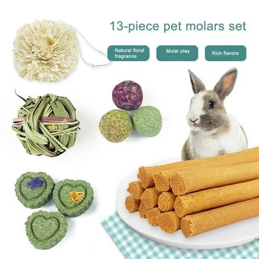 Eisoary 13Pcs Rabbit Chew Toys Natural Straw Teeth Grinding Toy Various Grass Ball Cake Carrot Stick Small Animal Toys Style 13