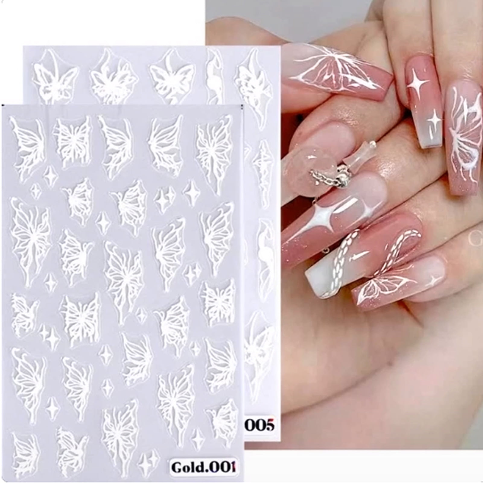 Eisoary Embossed Nails Art Stickers Creative Engraved White Butterfly