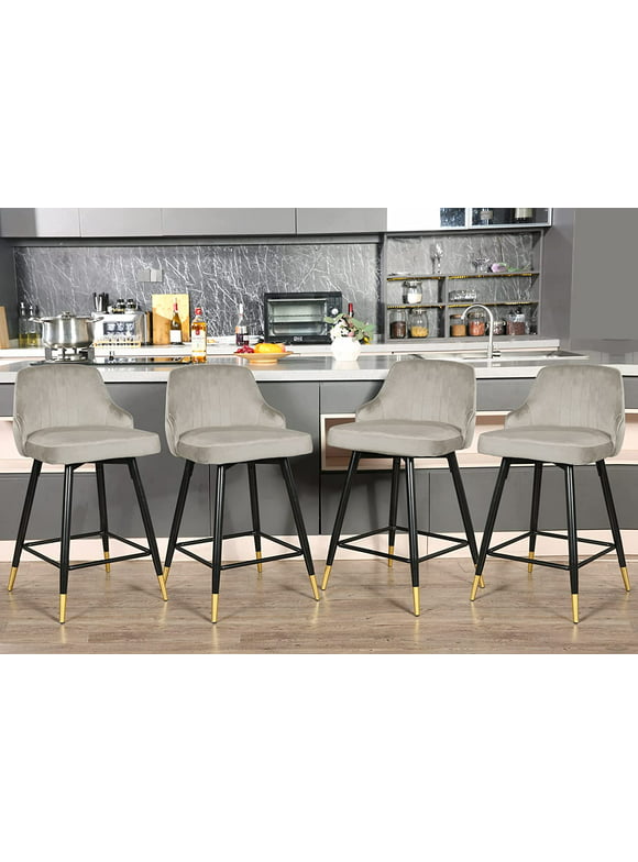 EiweLive 25'' Swivel Bar Stools with Back Set of 4, Gray Velvet Counter Height Stools for Kitchen Island, Pub