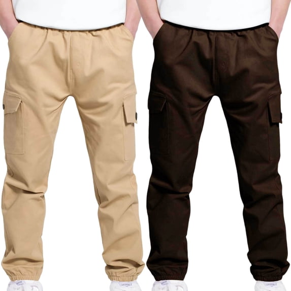 Eiyaclvo 2 Pack Boys Baggy Cargo Sweatpants 4-13Y Elastic Waist Chino Pant Back to School Casual Joggers Cinch Bottom Sweatpant with Multi Pockets