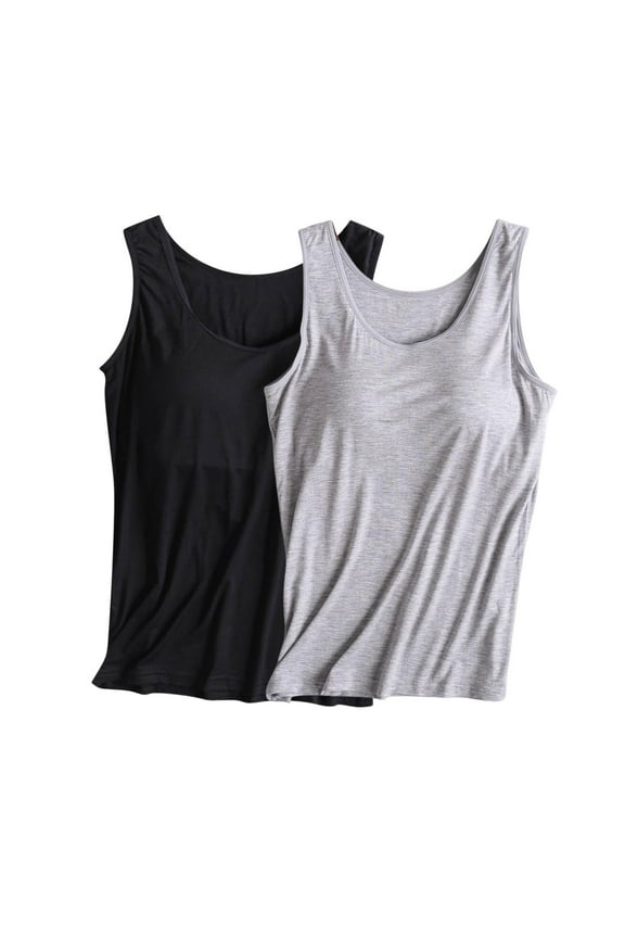 2 Pack Camisoles Tops with Built in Bra for Women Scoop Neck Sleeveless Tank tops Soft Padded Cami Shirts Workout Tank Top