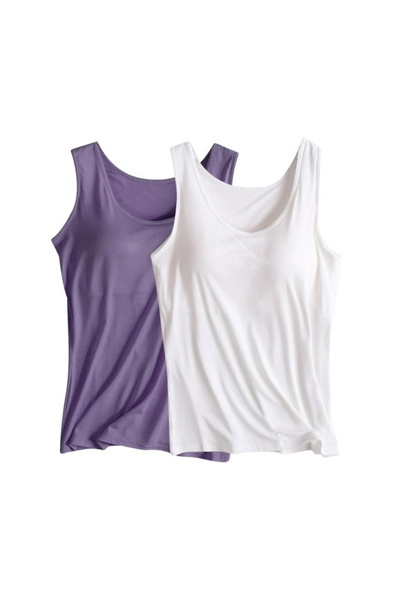2 Pack Tank Tops with Built in Bra for Women Scoop Neck Sleeveless Tank tops Soft Padded Cami Shirts Workout Tank Top