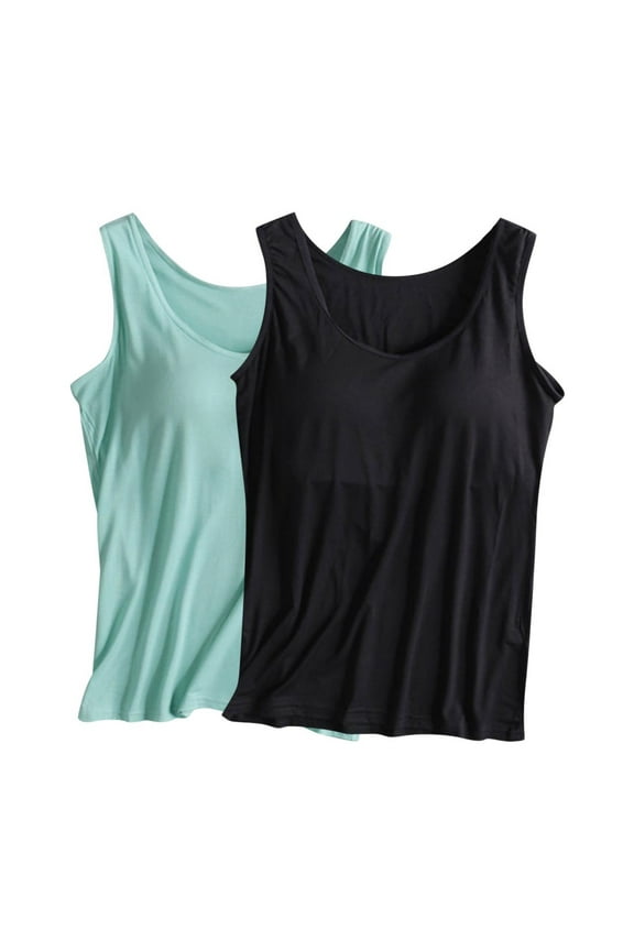 2 Pack Woemns Tank Tops with Bulit in Bra Sleeveless Scoop Neck Cami Shirts Stretch Soft Summer Tanks Gym Yoga Tank Top