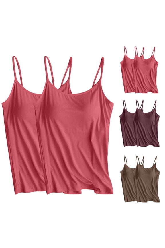 2 Pack Women's Camisole Tops with Built in Bra Summer Casual Spaghetti Strap Cami Shirt Workout Yoga Athletic Tank Top