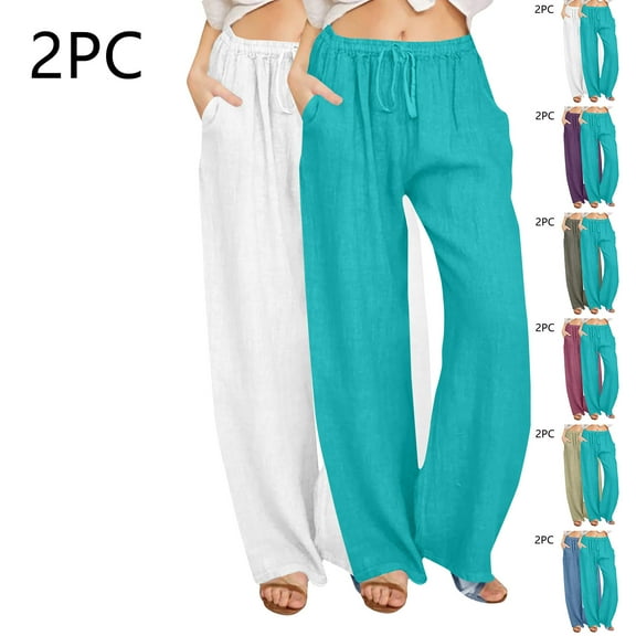 Eiyaclvo 2 Pack Womens Linen Pants Lounge Drawstring Elastic Waisted Wide Leg Pants Loose Comfy Palazzo Pants Casual Summer Beach Trousers with Pockets