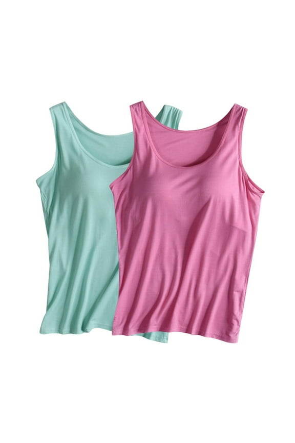 2 Pack Womens Tank Tops with Built in Bras Sleeveless Crew Neck Solid Color Cami Top Yoga Sports Camisole Tank Tops