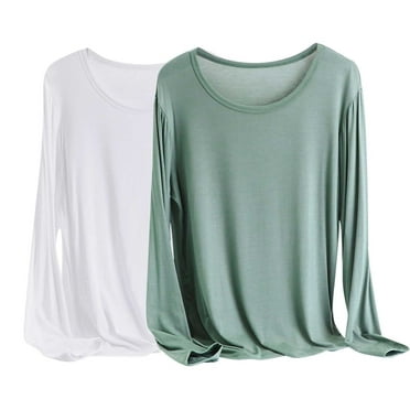 Eiyaclvo 2Pc Plus Size Tops for Women Casual Long Sleeve Crew Neck Tops Solid Color Tee Shirts Loose Fit Pullover Tees Basic T-Shirts