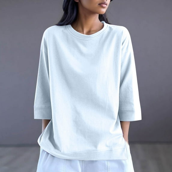 Eiyaclvo 3/4 Sleeve T Shirts for Women Summer Trendy Cotton Crew Neck Solid Color Tees Casual Loose Fit Comfy Clothes