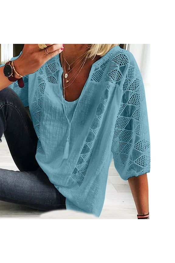 3/4 Sleeve T Shirts for Women Summer Trendy Lace Eyelet Tops U Neck Solid Color Tees Casual Loose Fit Clothes Comfy Lightweight Shirts