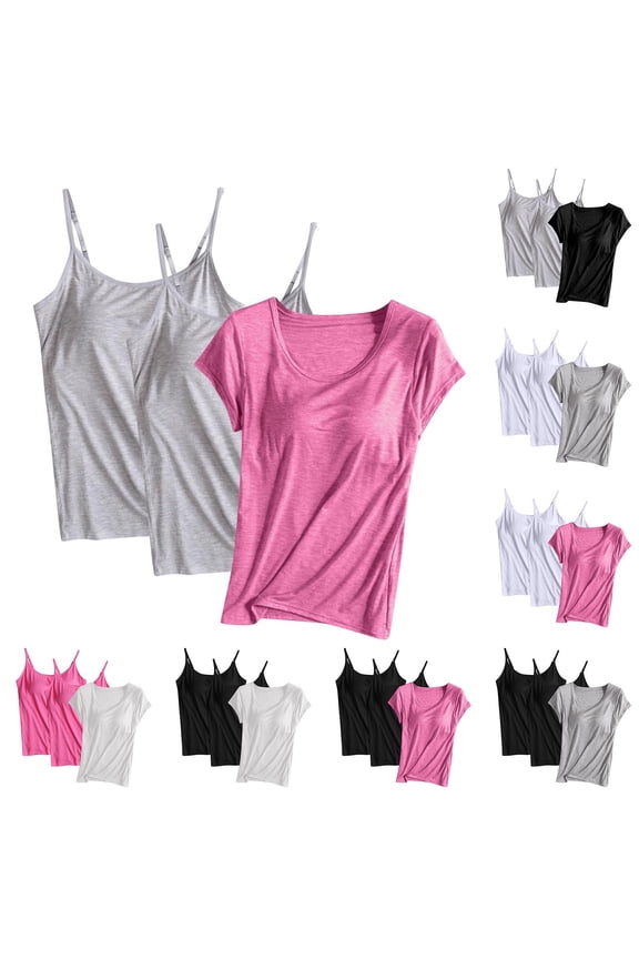 3 Pack Womens Modal Camisole Tank Tops with Built in Bra Summer Soft Stretch Yoga Undershirts Casual Basic Padded Shirt
